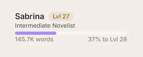 Writer level badge: Intermediate Novelist, level 27, 145.7K words written