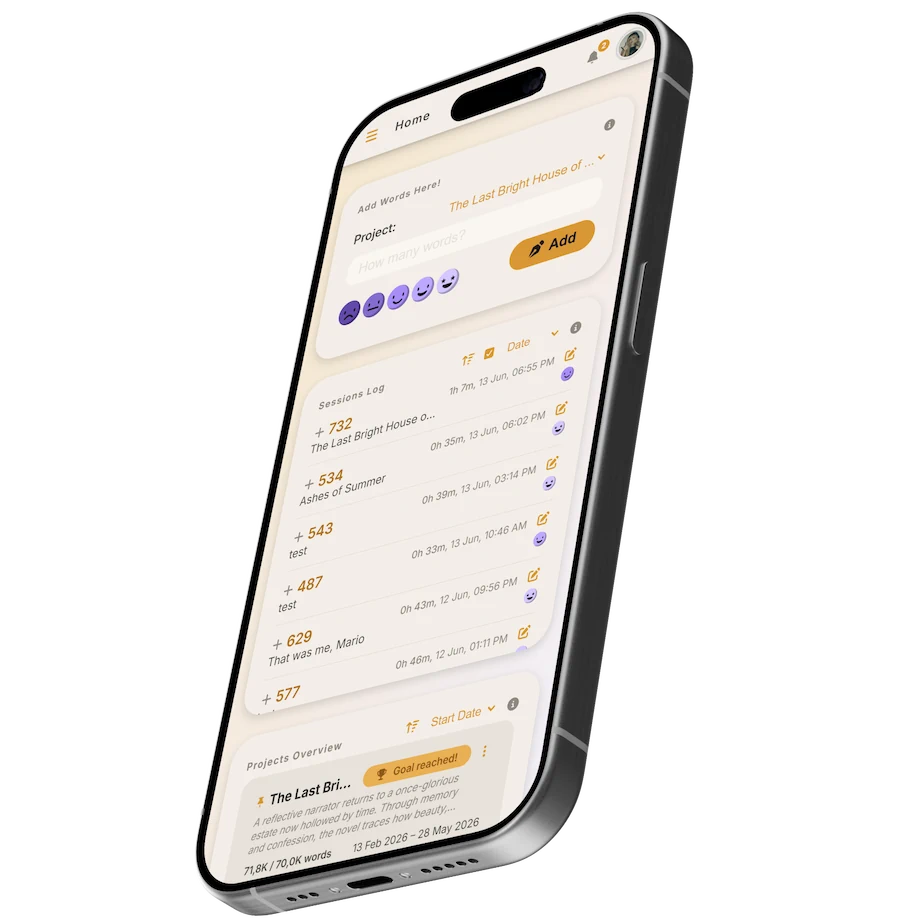 Authorlytica running on a phone: mobile writing tracker with touch-designed sidebar and session logging