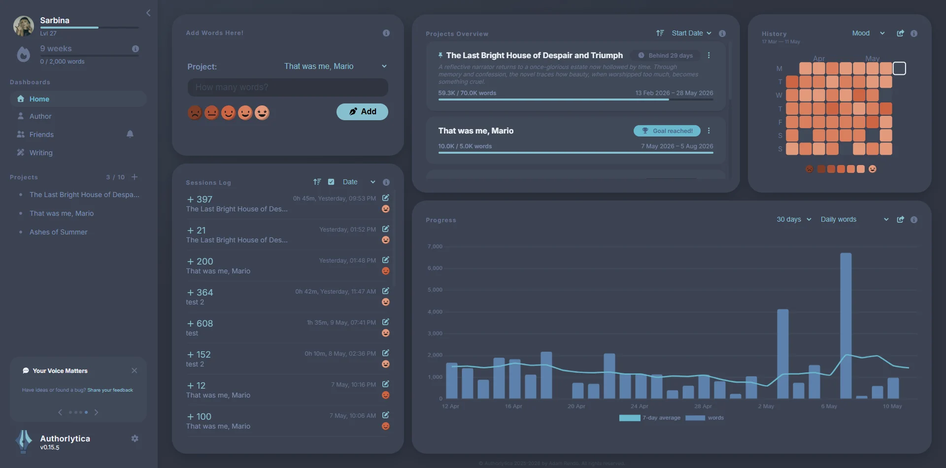 Authorlytica writing tracker dashboard in Nord theme: cool blue palette for fantasy writers